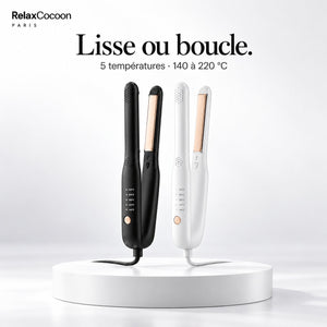 Mini lisseur RelaxCocoon 2 en 1, noir ou blanc : lisse et boucle.