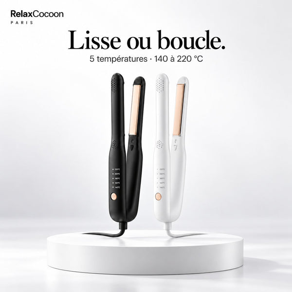 Mini lisseur RelaxCocoon 2 en 1, noir ou blanc : lisse et boucle.