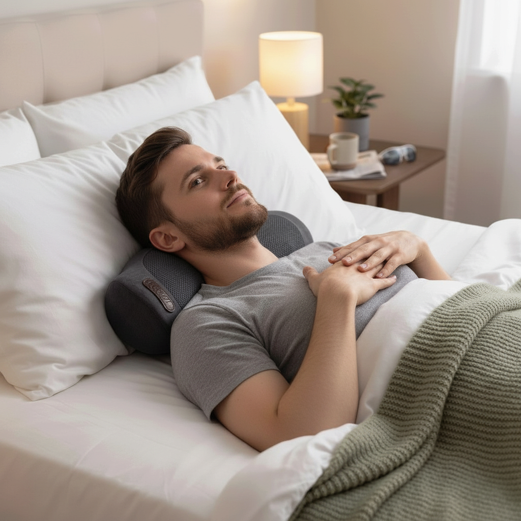 Homme allongé utilisant le coussin cervical chauffant RelaxCocoon