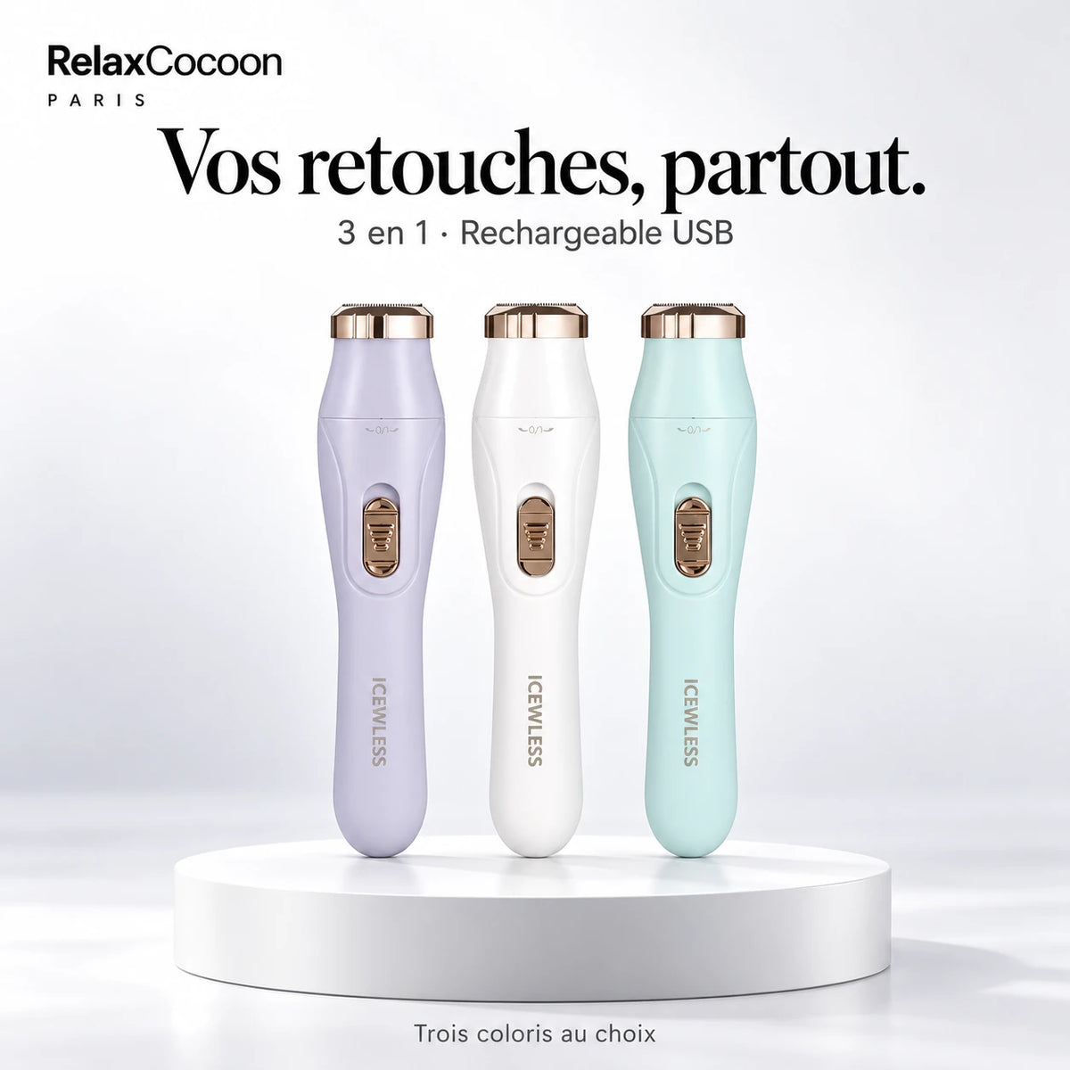 Tondeuse électrique 3 en 1 pour femme avec ses têtes interchangeables