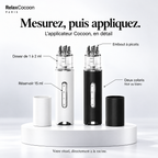 Applicateur Cocoon en noir et blanc : réservoir 15 ml, doseur de 1 à 2 ml et embout à picots.