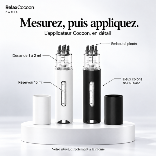Applicateur Cocoon en noir et blanc : réservoir 15 ml, doseur de 1 à 2 ml et embout à picots.