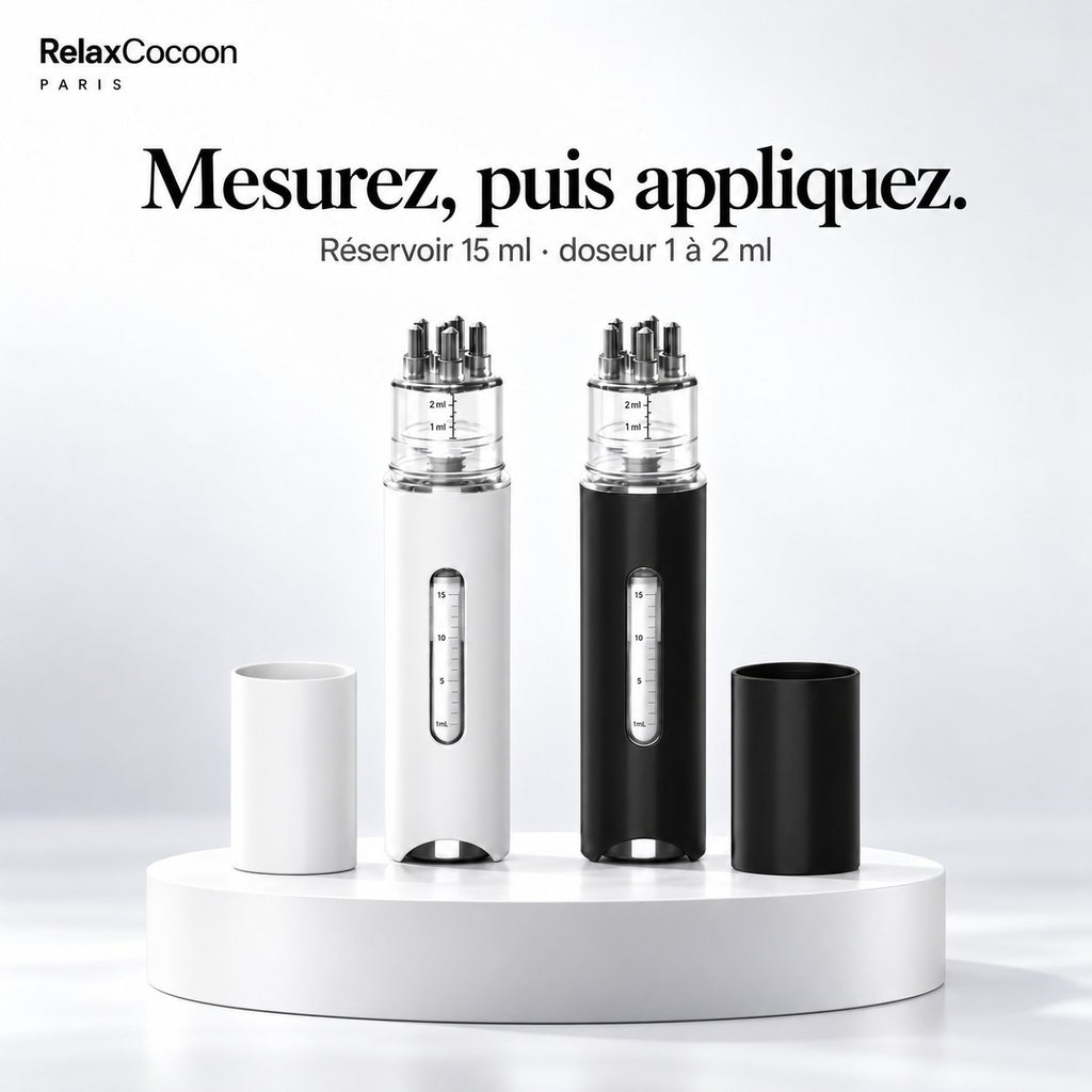 Applicateur Cocoon noir ou blanc, réservoir 15 ml et petit doseur de 1 à 2 ml.