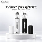 Applicateur Cocoon noir ou blanc, réservoir 15 ml et petit doseur de 1 à 2 ml.