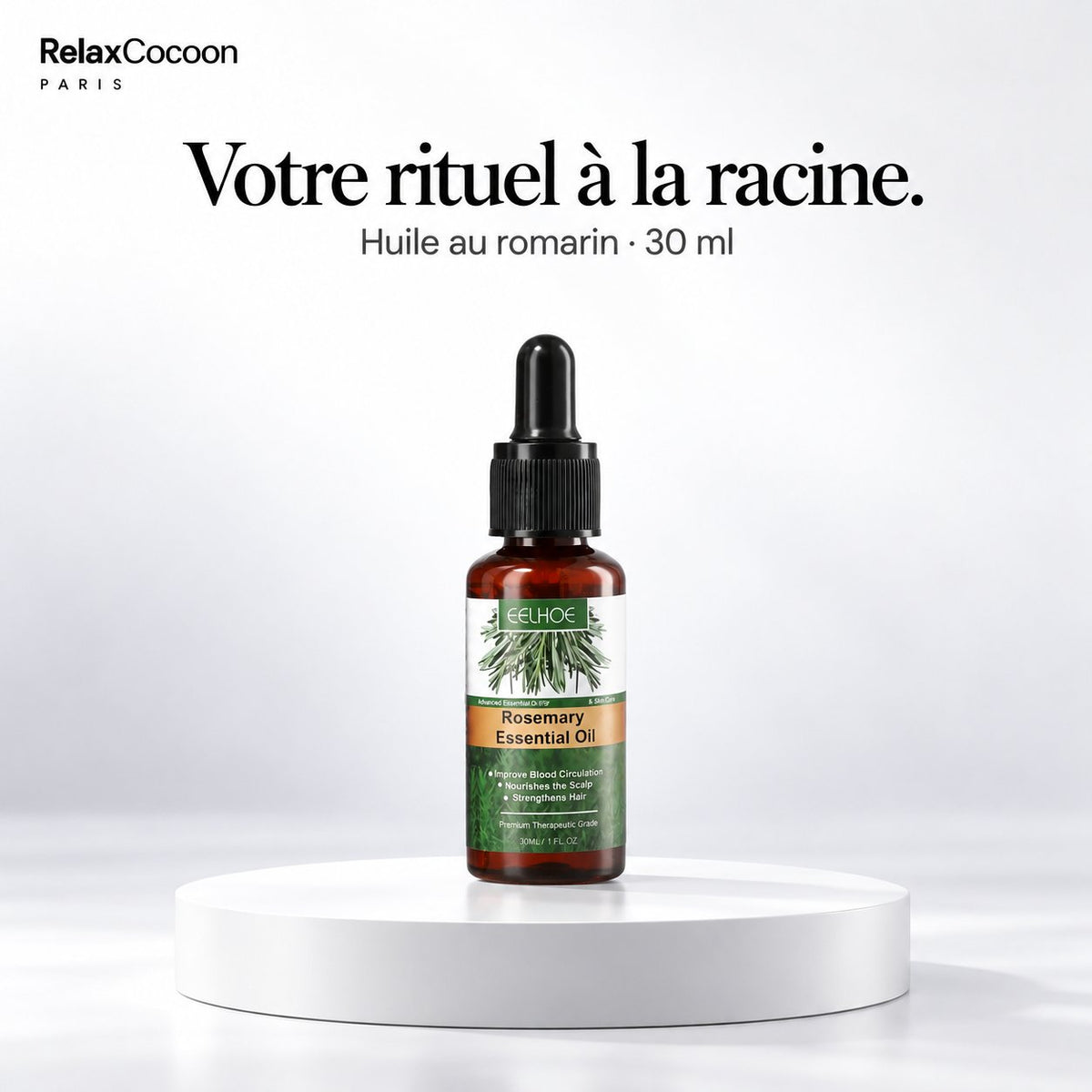 Coffret beauté RelaxCocoon : flacon d'huile au romarin 30 ml pour l'applicateur