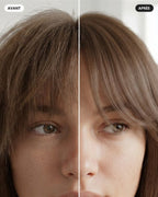 Avant / après illustré : frange en désordre, puis frange souple et naturelle. Illustration, résultat variable selon les cheveux.