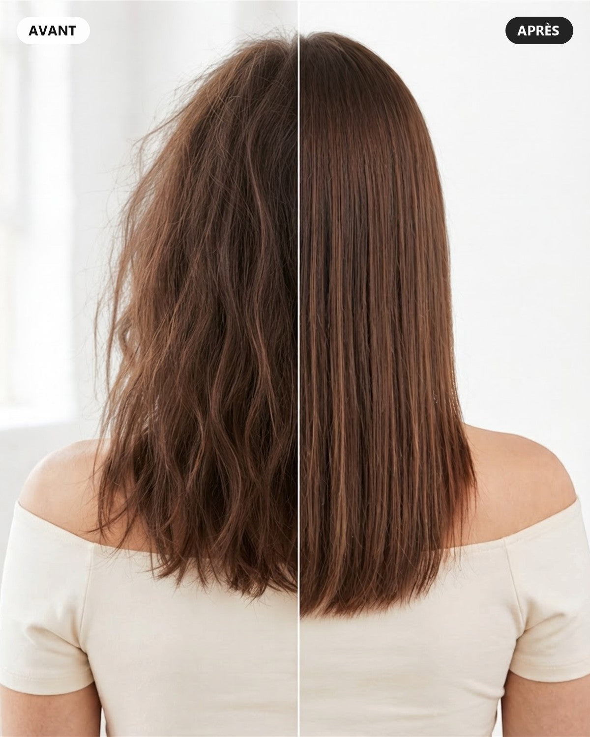 Illustration avant / après : cheveux un peu en désordre, puis lissés