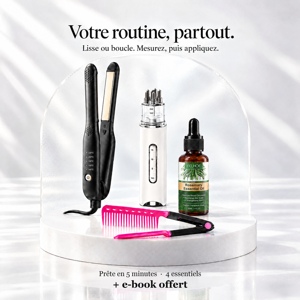 Kit Hair RelaxCocoon 4 en 1 : mini lisseur, peigne en V, applicateur et huile sur podium blanc, e-book offert — illustration IA