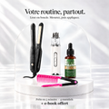 Kit Hair RelaxCocoon 4 en 1 : mini lisseur, peigne en V, applicateur et huile sur podium blanc, e-book offert — illustration IA
