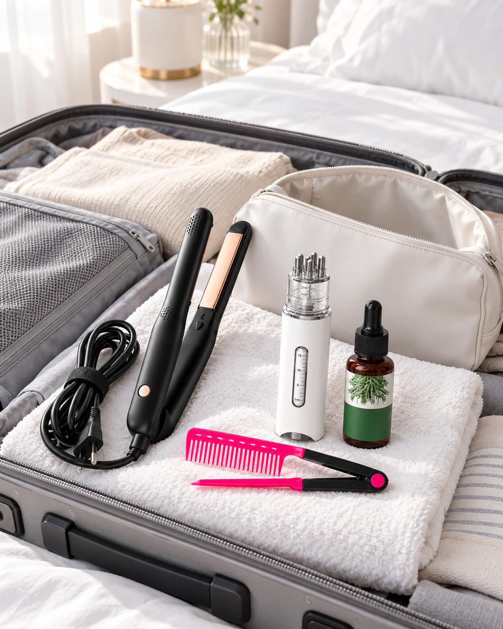 Visuel d’illustration : le lisseur filaire, le peigne en V, l’applicateur et l’huile près d’une valise. Trousse et valise non incluses.