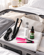 Visuel d’illustration : le lisseur filaire, le peigne en V, l’applicateur et l’huile près d’une valise. Trousse et valise non incluses.