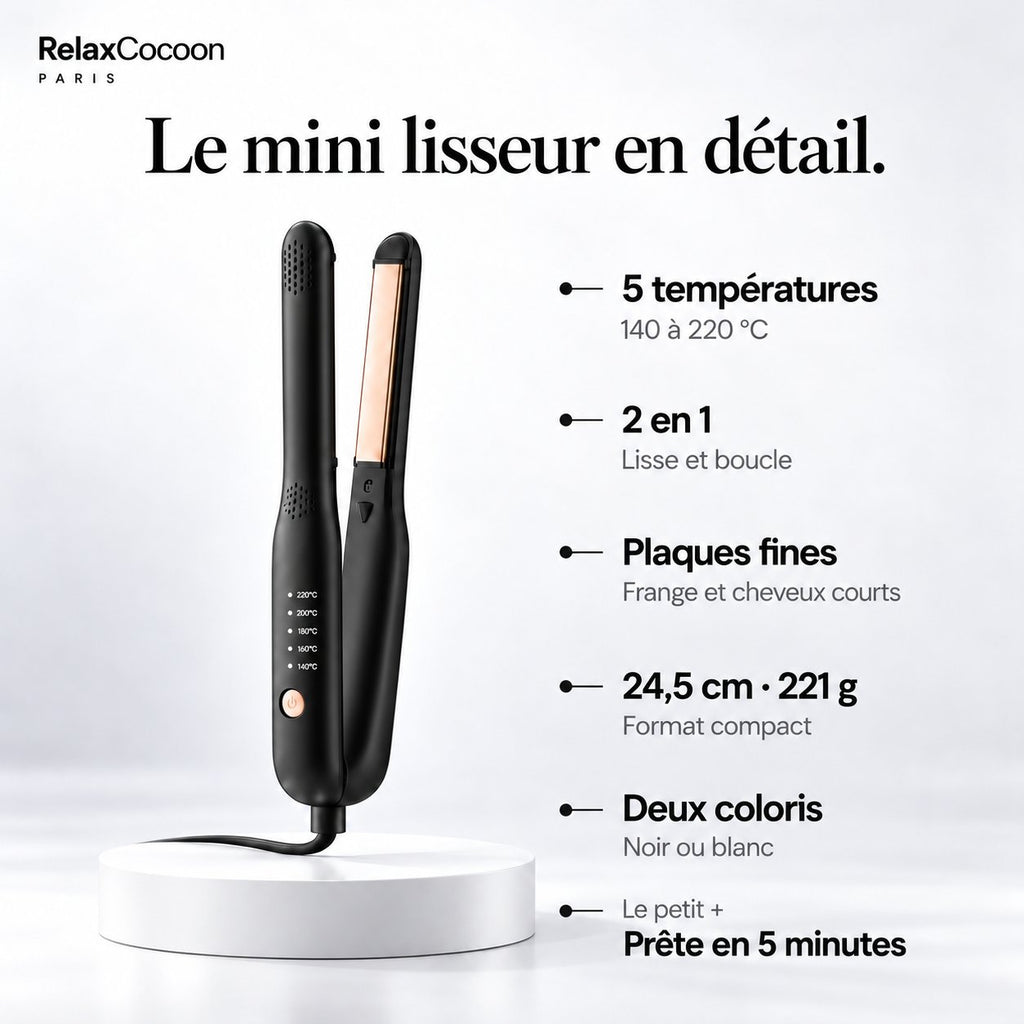 Infographie RelaxCocoon : le mini lisseur en détail, 5 températures de 140 à 220 °C, 24,5 cm, 221 g