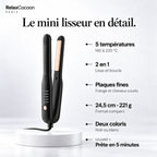 Infographie RelaxCocoon : le mini lisseur en détail, 5 températures de 140 à 220 °C, 24,5 cm, 221 g