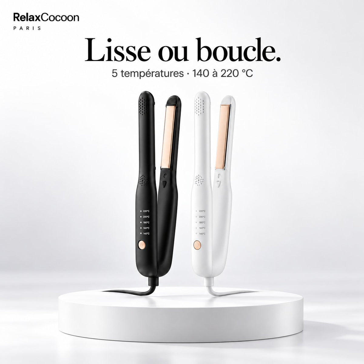 Mini lisseur RelaxCocoon 2 en 1, noir ou blanc : lisse et boucle.