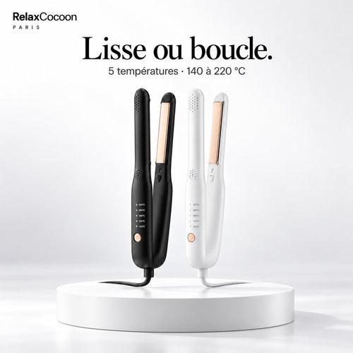Mini lisseur RelaxCocoon 2 en 1, noir ou blanc : lisse et boucle.