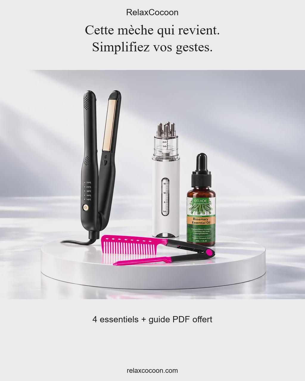 Comment utiliser le Kit Hair Relax Cocoon V3 : coiffer avec le peigne en V, mesurer puis appliquer un soin adapté. Voix off française.