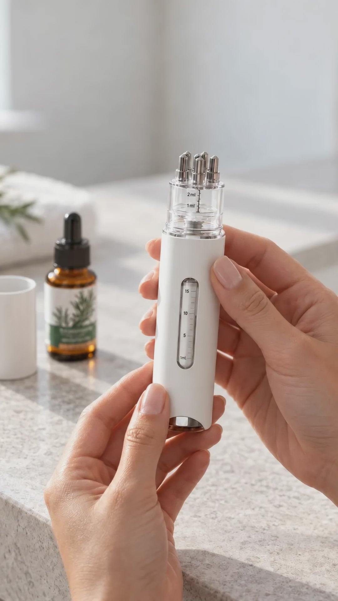 Gros plan illustratif sur l’applicateur Cocoon et son doseur de 1 à 2 ml, en haute définition.