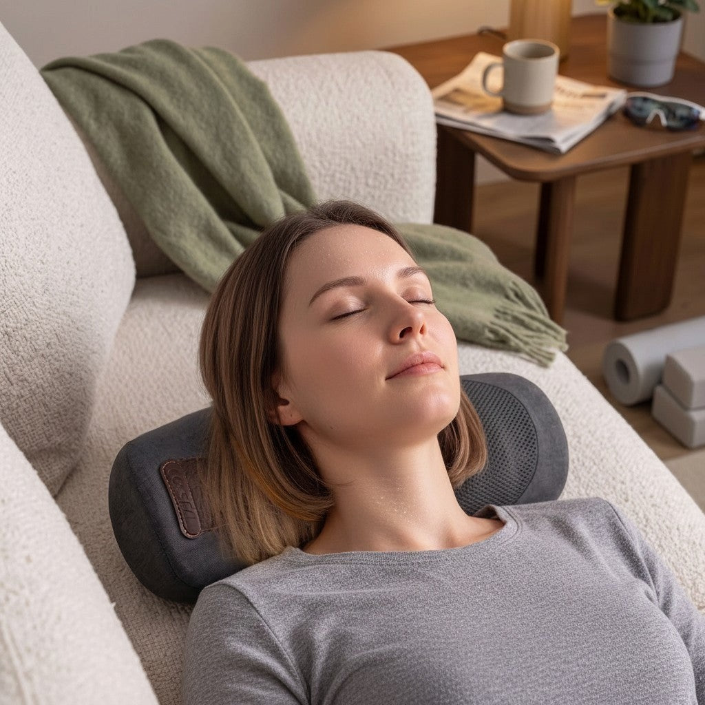 Femme détendue utilisant le coussin cervical chauffant RelaxCocoon gris sur un canapé pour détendre sa nuque