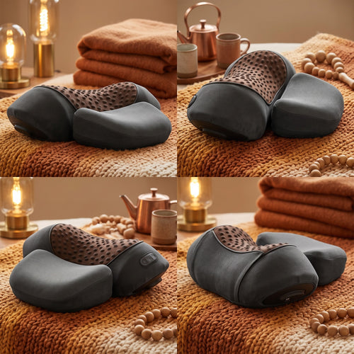 Coussin cervical chauffant RelaxCocoon gris et marron avec picots de massage sur une couverture en maille texturée