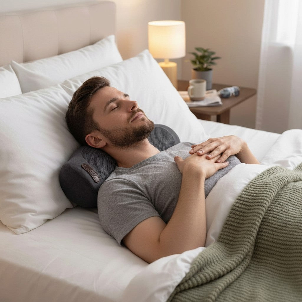 Homme se relaxant au lit avec un coussin cervical chauffant RelaxCocoon gris pour un moment de détente