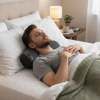 Homme allongé sur un lit utilisant le coussin cervical chauffant RelaxCocoon gris pour détendre sa nuque