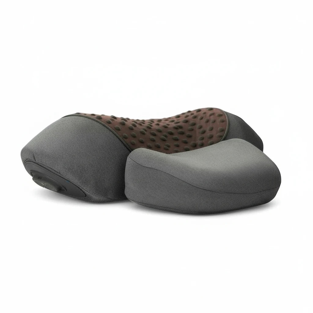 Coussin cervical chauffant RelaxCocoon gris et marron avec picots de massage pour la détente et l'étirement de la nuque