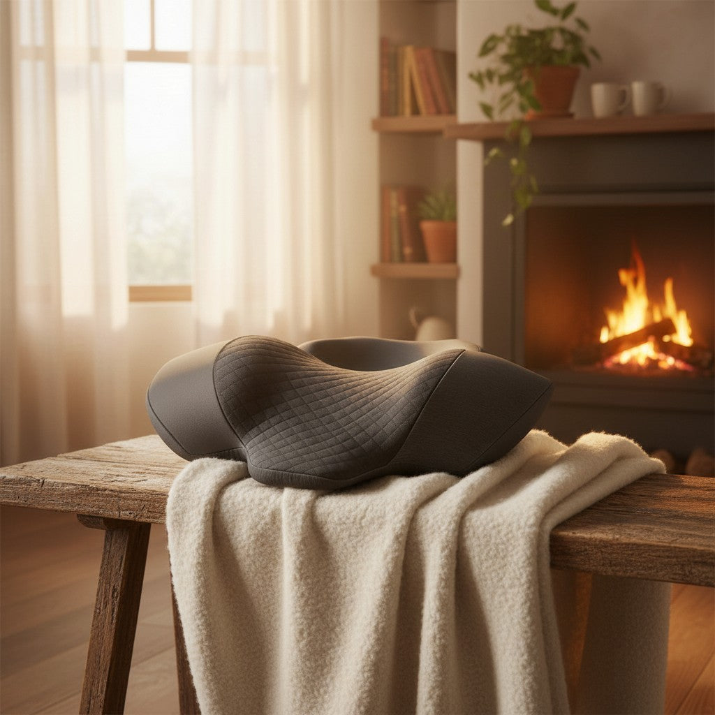 Coussin cervical chauffant RelaxCocoon gris à texture matelassée posé sur un banc en bois devant une cheminée