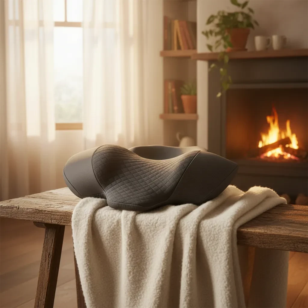 Coussin cervical chauffant RelaxCocoon gris sur un banc en bois devant une cheminée chaleureuse