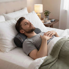 Homme allongé sur un lit utilisant un coussin cervical chauffant RelaxCocoon gris pour se détendre