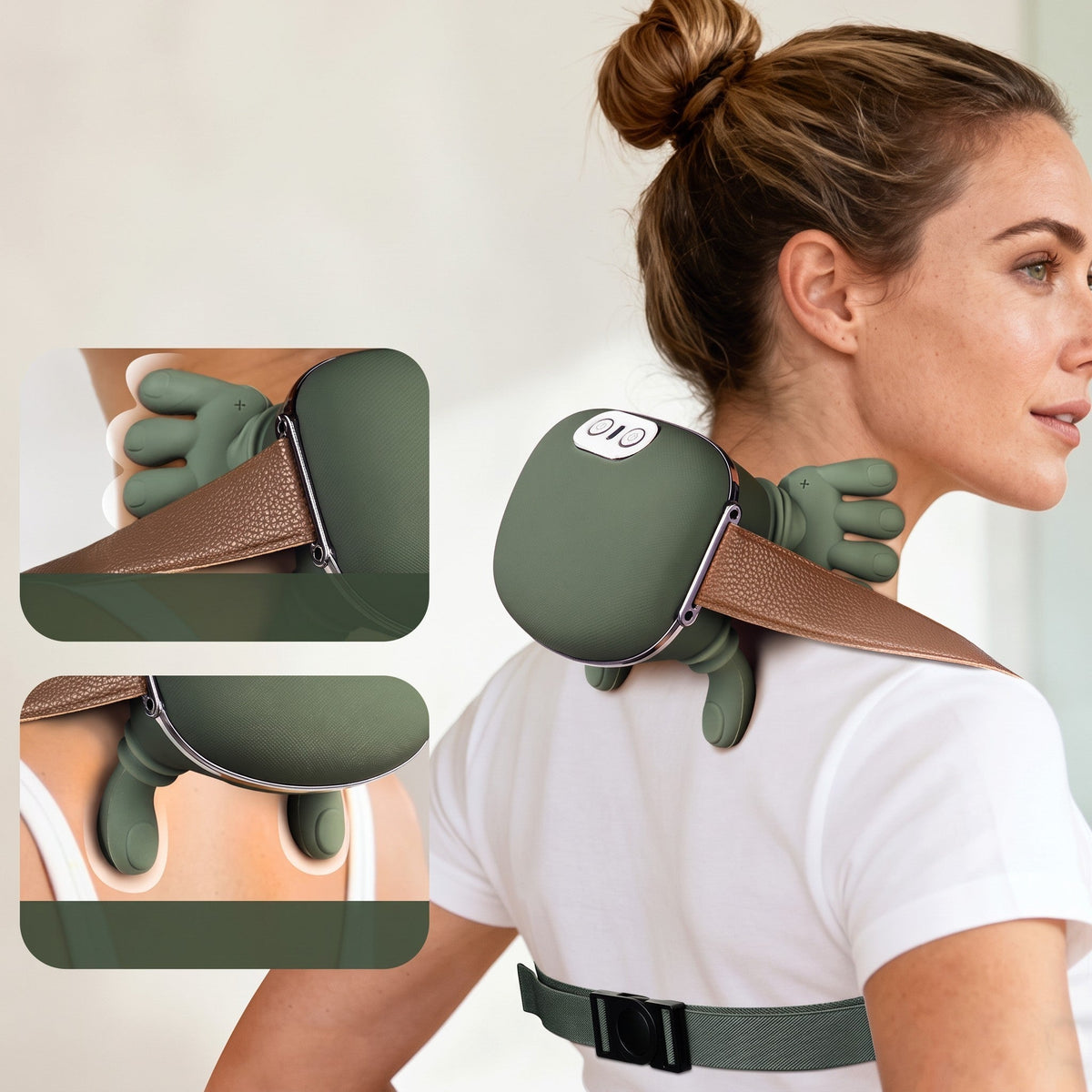 Femme utilisant le masseur cervical bionique 4D RelaxCocoon vert avec sangles en cuir marron pour un massage relaxant