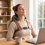 Femme utilisant le masseur cervical bionique RelaxCocoon vert et beige en travaillant sur son ordinateur