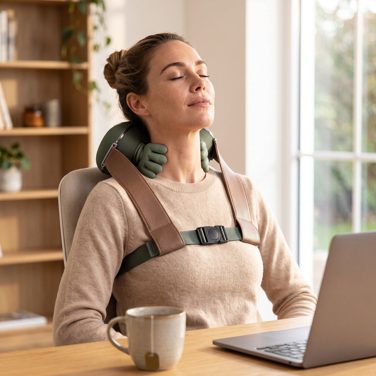 Femme utilisant le masseur cervical bionique RelaxCocoon vert et beige en travaillant sur son ordinateur
