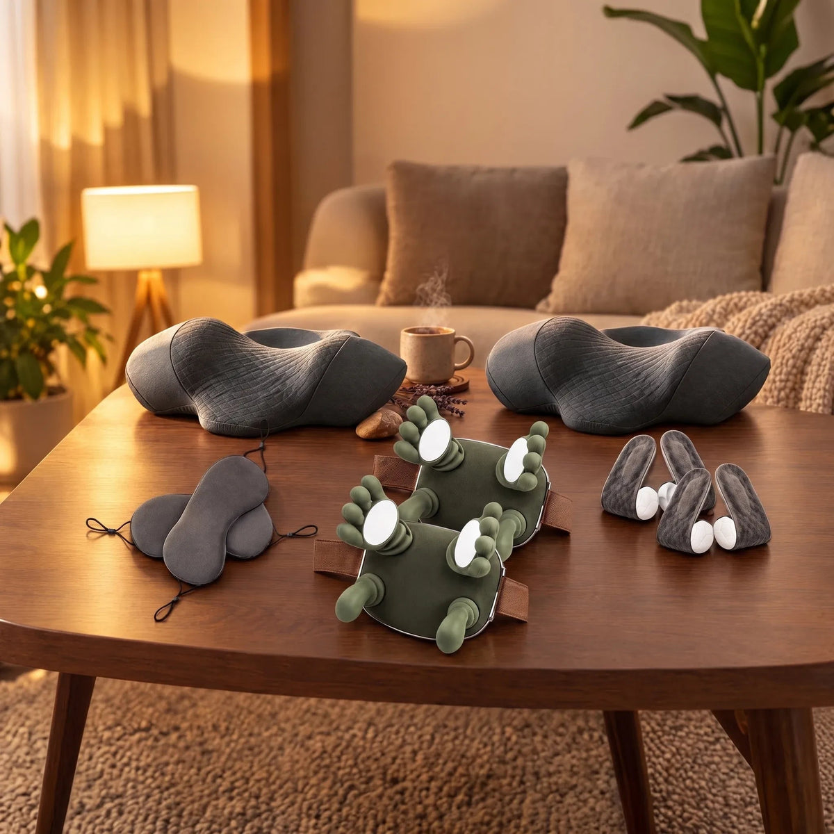 Rituel à Deux RelaxCocoon : deux Masseurs Nomade 4D et deux Masseurs Cocon gris sur une table