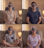 Quatre personnes de RelaxCocoon portant des masques de relaxation gris sur des fauteuils avec masseurs cervicaux