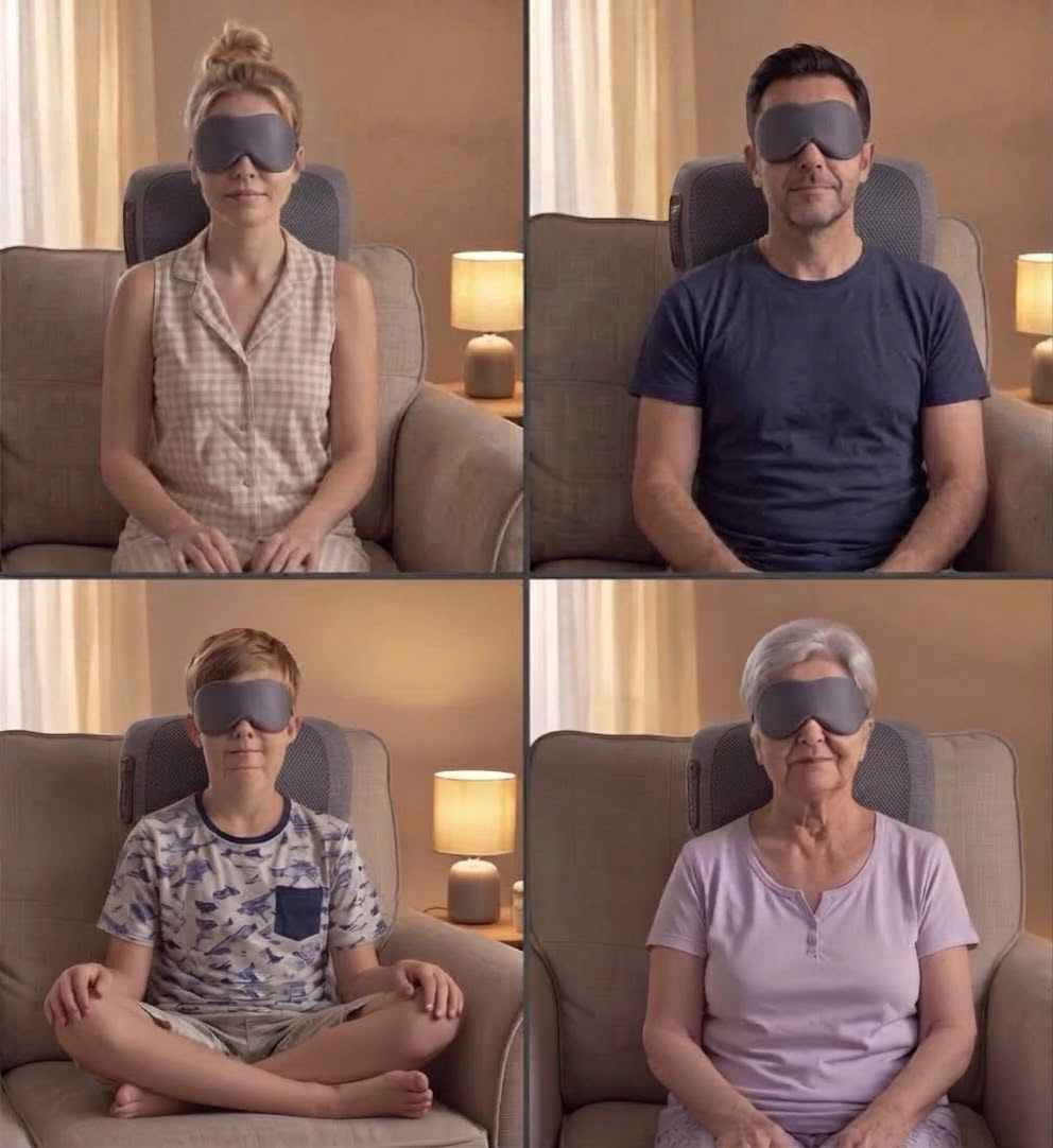 Famille RelaxCocoon utilisant des masques de relaxation gris sur des fauteuils avec masseurs cervicaux bioniques 4D