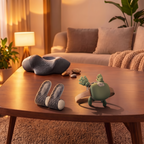 Rituel Jour & Soir RelaxCocoon : Masseur Nomade, Masseur Cocon gris et une paire de semelles chaudes sur une table
